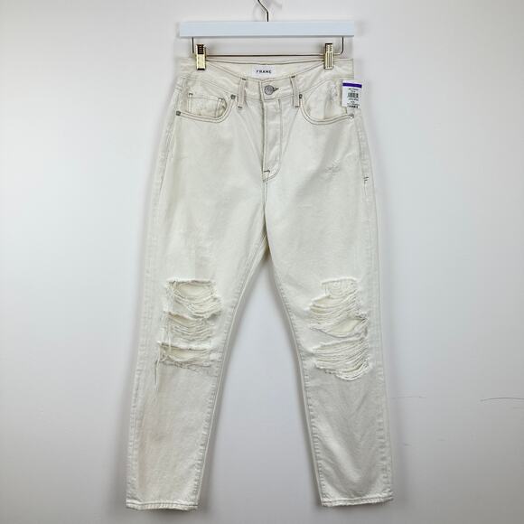 Frame Le Original Straight Leg Jeans High Waist Off White Rips Womens US 26 NWT - Picture 3 of 12